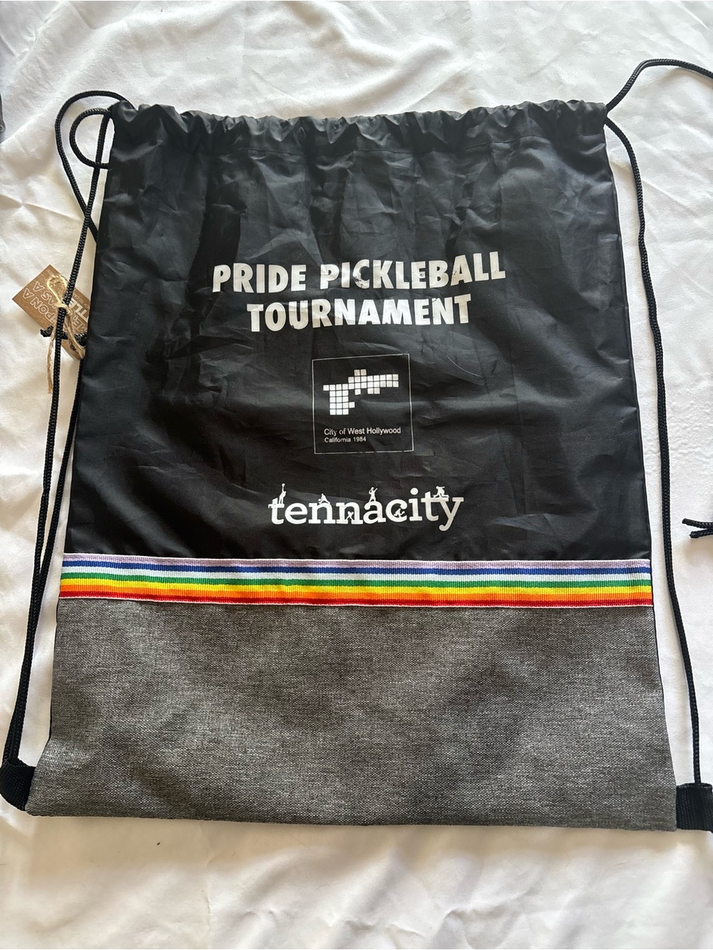 Pride Pickleball Tournament Black & Gray Drawstring Backpack with Rainbow Stripe